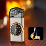 Lifestyle Eagle Head Shiny Black Double Flame Pocket Gas Lighter with Built in Analogue Clock