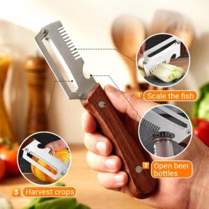 Multi-functional Vegetable Peeler, 3 in 1 Ktchen Multi-function Stainless Steel Thickened Fruit Peeler Knife with Wooden Handle